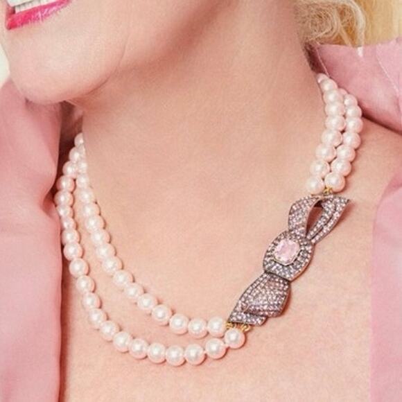 Heidi Daus "Beaux Arts" Pink Pave Crystal Bow Pearl Beaded Two Strand Necklace - Picture 3 of 15